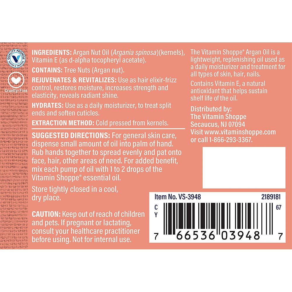 The Vitamin Shoppe Moroccan Argan Skin Care Oil - Natural & Hydrates Beauty (1.7 Fluid Ounces)