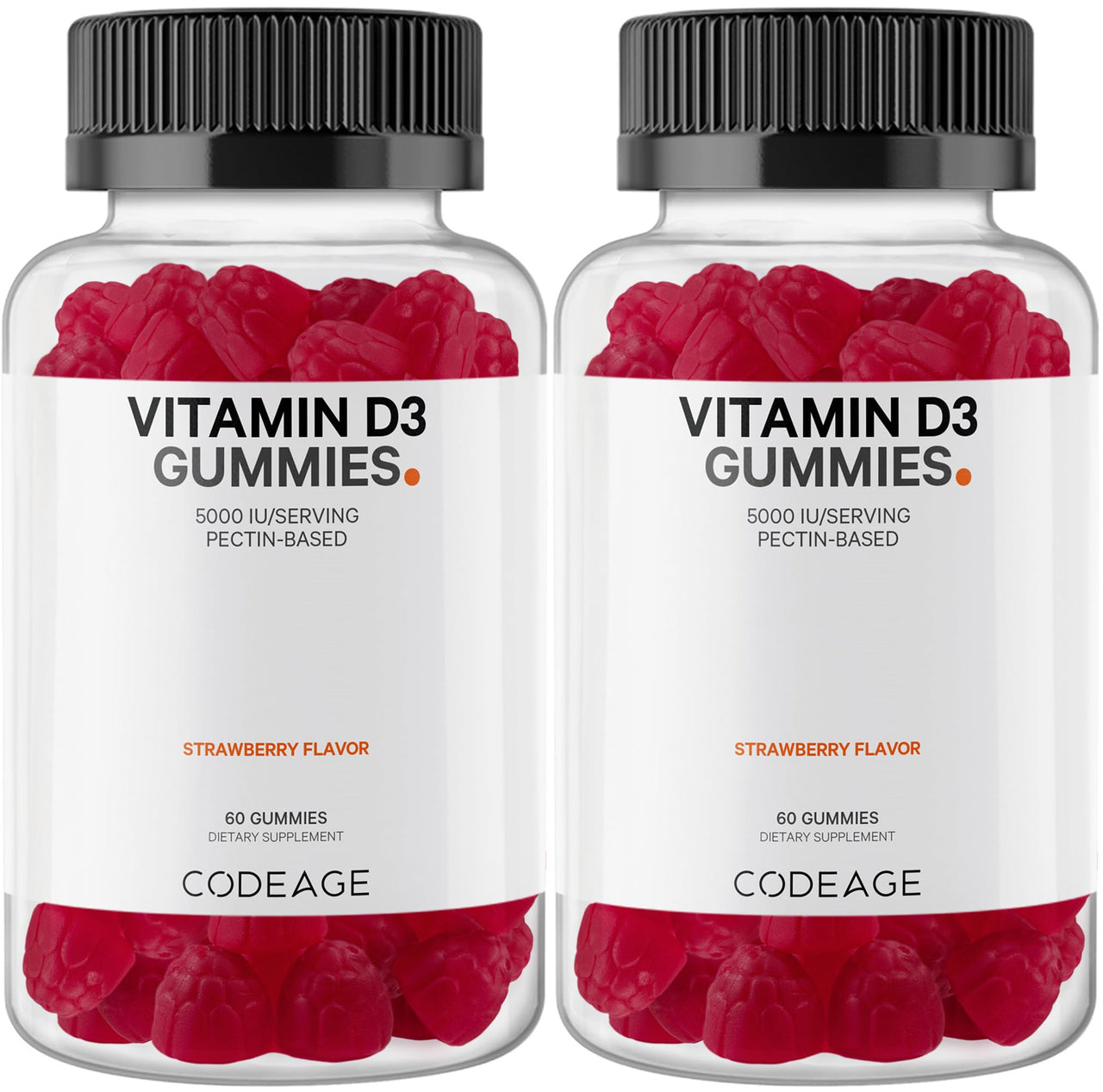Codeage Vitamin D3 Gummy Vitamins, Vitamin D3 5000 IU Gummies Cholecalciferol 125 mcg, Soft Pectin-Based, Animal Gelatin-Free Gummy, Gummies Vitamins, Tasty Strawberry, Non-GMO - 2-Pack