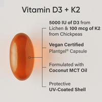 Thumbnail for Sports Research Vitamin D3 with K2 Softgels - Plant Based K2 & Vegan D3 5000iu with Coconut MCT Oil - Vegan Certified, Soy & Gluten Free - 120 Count