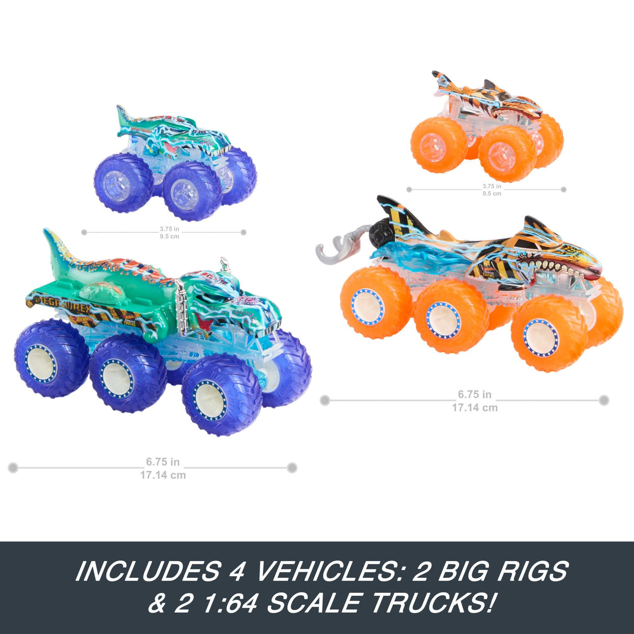 Hot Wheels Monster Trucks Multipack, 1:64 Scale Mega-Wrex & Tiger Shark Toy Trucks with Big Rigs in Matching Power Smashers Deco