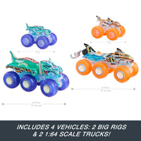 Thumbnail for Hot Wheels Monster Trucks Multipack, 1:64 Scale Mega-Wrex & Tiger Shark Toy Trucks with Big Rigs in Matching Power Smashers Deco