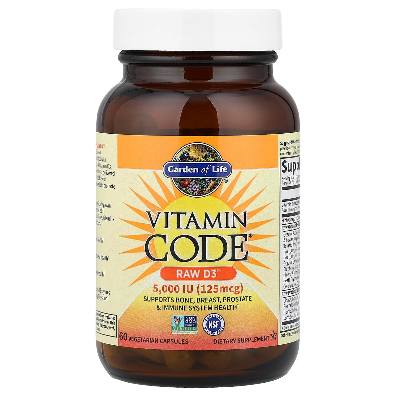 Garden of Life Vitamin D3 5000 IU, Raw Whole Food Supplements with Chlorella, Fruit, Veggies & Probiotics for Bone & Immune Health, 60 Vegetarian Capsules