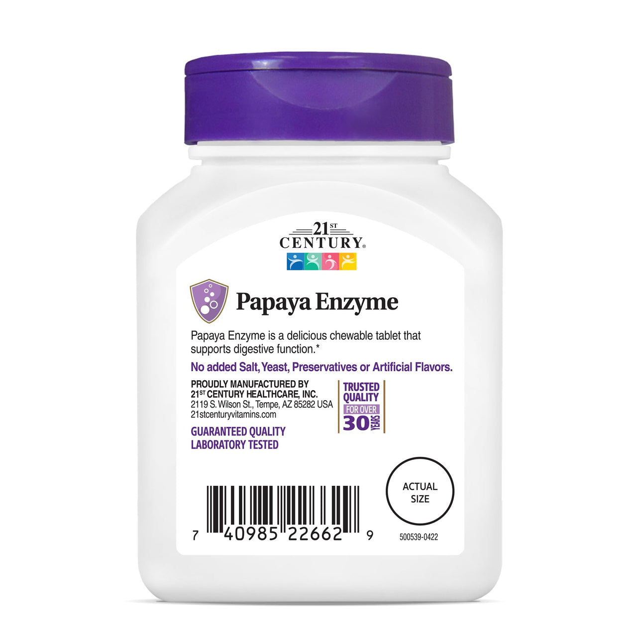 21st Century Papaya Enzyme Chewable (100 Count), Papaya & Pineapple Digestive Enzymes for Gut Health, Tropical Flavor, Non-GMO, Gluten-Free, No Added Salt, Artificial Flavors