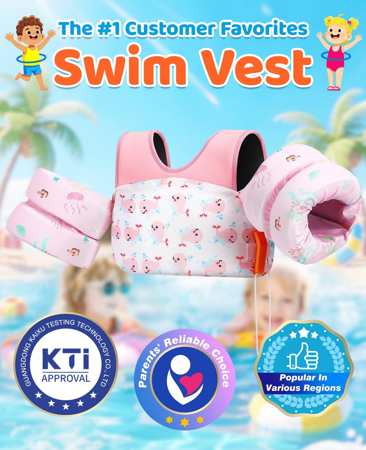 HeySplash Swim Vest for Kids, Toddler Pool Floaties Fit 33-66 Lbs,Swimming Vest with Adjustable Strap, Swim Jacket Water Wing Arm Float, Puddle Beach Boat Jumper Float Device Girl,Pink Whale