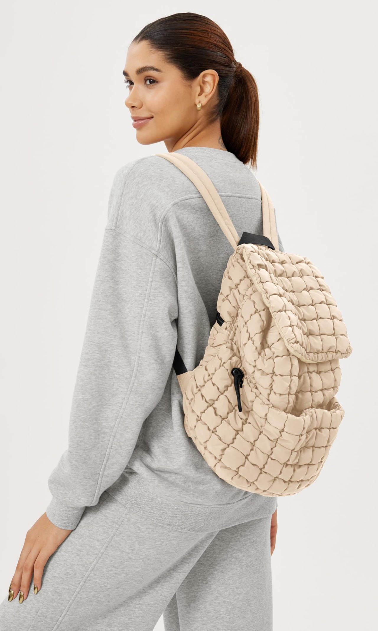 ODODOS Quilted Backpack 2.0 for Women Lightweight Puffer Hiker Pack Drawstring Padding Travel Gym Bag, Ivory