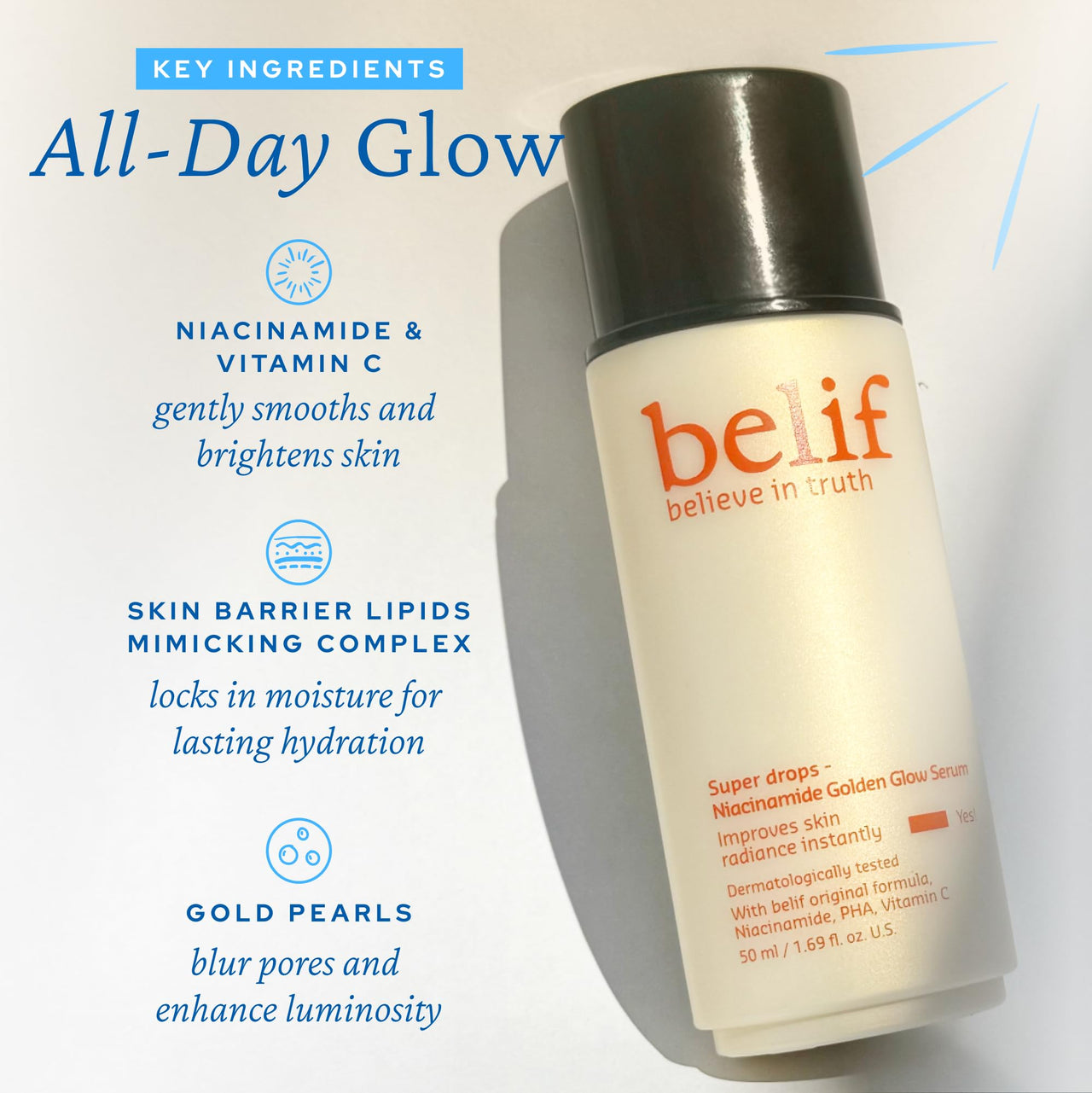 belif Vitamin C Golden Glow Serum for Face & Body – Brightening Luminizer & Hydrating Makeup Primer, Blur Pores & Even Skin Texture with Niacinamide & PHA, Korean Skincare, 1.69 fl.oz