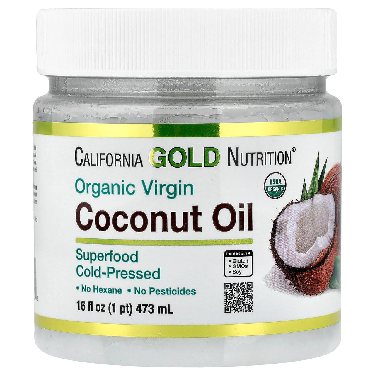 Organic Coconut Oil, Extra Virgin, Unrefined, Certified USDA Organic, Cold-Pressed, Non-GMO, BPA-free bottle, 16 fl oz (473 ml)