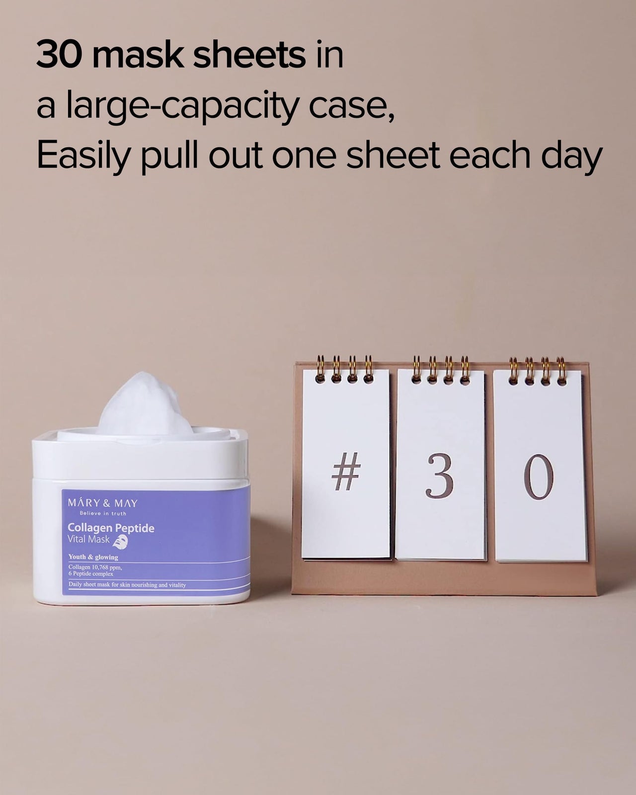 Mary&May Collagen Peptide Vital Mask (30 Sheets) – Pull-Out Case with Hydrolyzed Collagen & 6 Peptides, Firming & Fine Line Appearance Care, Hydrating Korean Sheet Mask for Mature Skin
