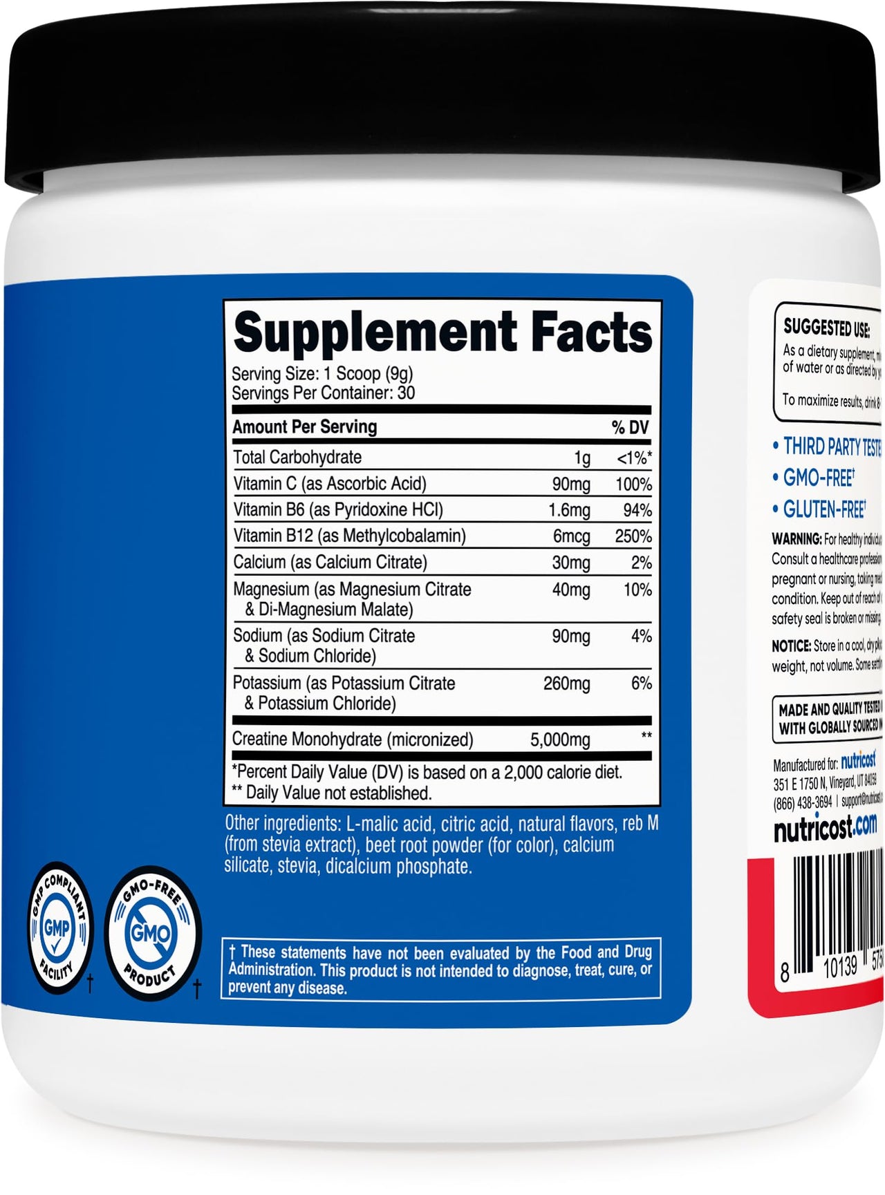Nutricost Creatine Monohydrate + Hydration Fruit Punch Flavored (30 Servings) - 7 Vitamins & Minerals, 5000mg of Creatine Per Serving