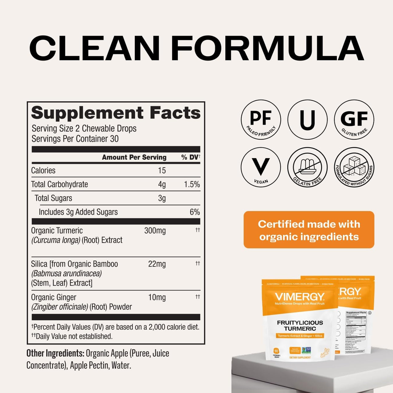 Vimergy NutriDense Fruitylicious Turmeric + Ginger Chewables (300mg Turmeric Extract, 22mg Silica, 10mg Ginger per Serving) Vegan, No Artificial Sweeteners, Mobility Support, 30 Servings (60 Count)