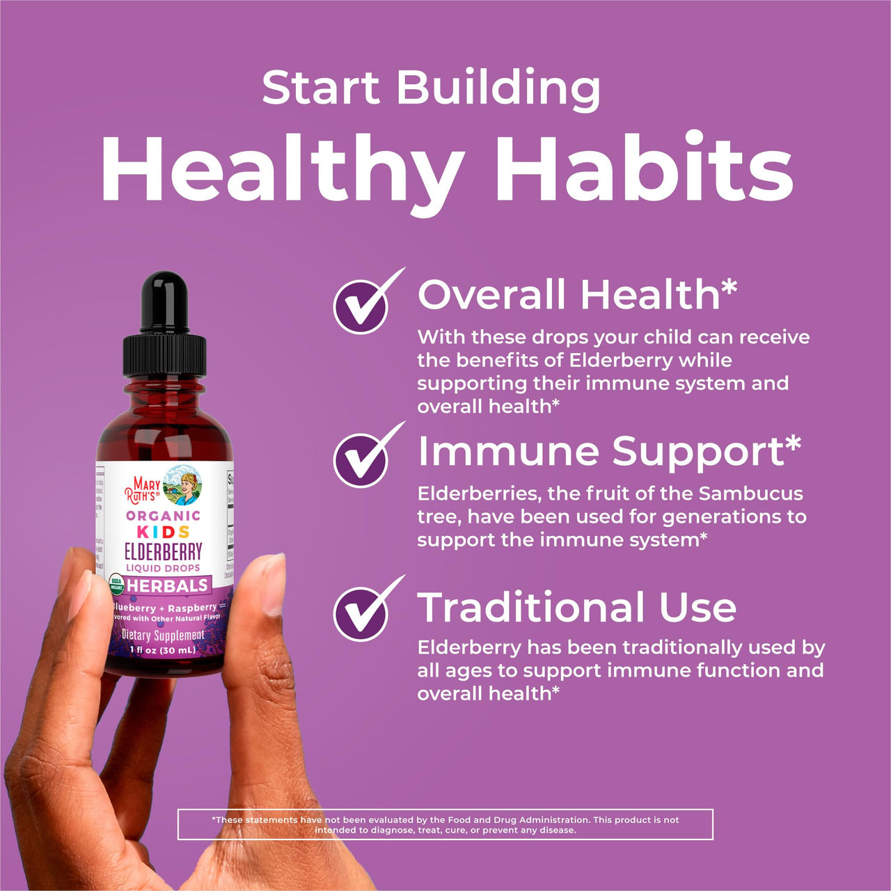 MaryRuth Organics USDA Organic Elderberry Liquid Drops for Kids | Vegan Elderberry Extract Organic Glycerin | Immune Support Supplement | Overall Health | Formulated for Ages 4-13 | 1oz