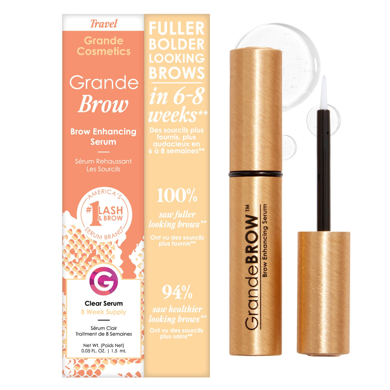 Grande Cosmetics GrandeBROW Brow Enhancing Serum for Fuller, Bolder, Looking Eyebrows - Brow Serum With Vitamins, Peptides, Antioxidants, Amino Acids, Cruelty Free - 8 Week Supply (1.5 mL)