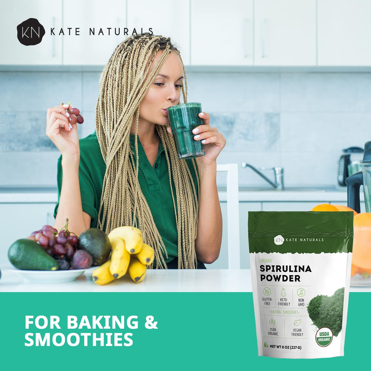 Kate Naturals Organic Spirulina Powder for Immune Support and Antioxidants. Nutrient Dense Superfood Supplement (8 oz, USDA Certified, Non-GMO, Gluten- Free)
