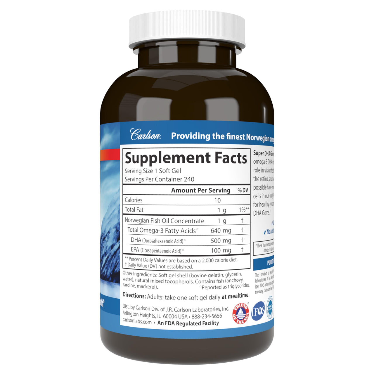 Carlson Super DHA Gems - 500 mg DHA Supplements, 640 mg Fatty Acids, Norwegian Fish Oil Concentrate, Wild-Caught, Sustainably Sourced Fish Oil Capsules, 240 Softgels