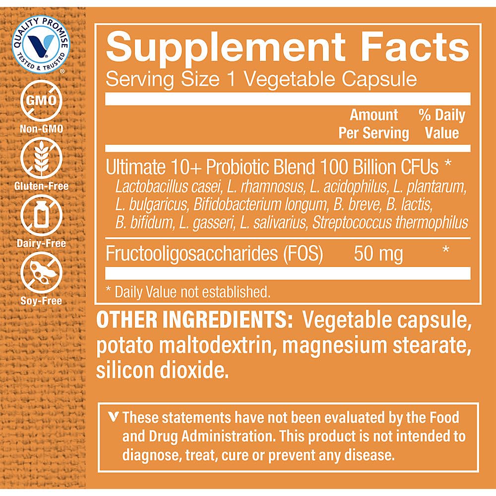 The Vitamin Shoppe Ultimate 10+ Probiotics 100 Billion CFU - 10 Probiotic Strains for Digestive Health, Immune & Gut Support (30 Vegetable Capsules)