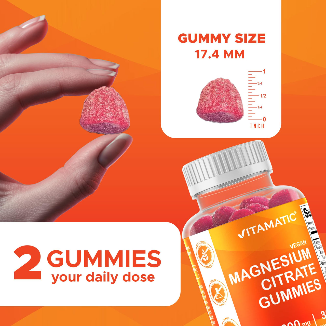 Vitamatic Magnesium Gummies 600mg per Serving – 60 Vegan Count for Relaxation, Muscle, Bone, and Energy Support
