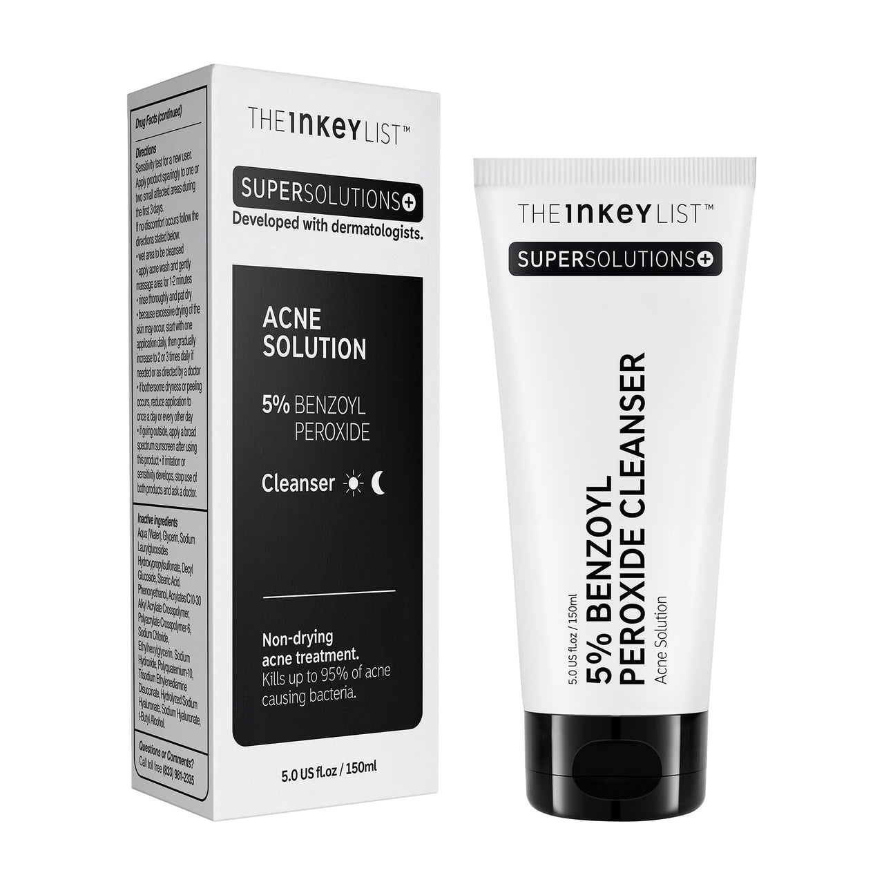The INKEY List SuperSolutions Benzoyl Peroxide 5% Face Wash, Non-Drying Cleanser with Glycerin & Hyaluronic Acid, Helps with Blemishes and Moisture, 5.07 fl oz