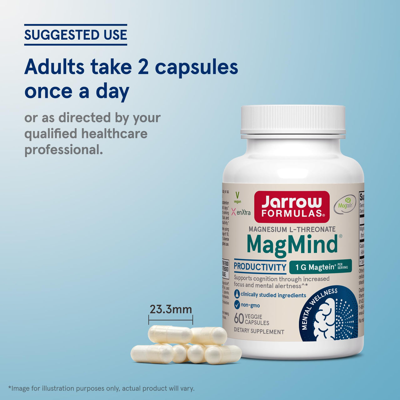 Jarrow Formulas Magnesium L-Threonate, MagMind Productivity, High Absorption Magnesium, Brain Supplements for Memory and Focus, 60 Veggie Capsules, Up to a 30 Day Supply