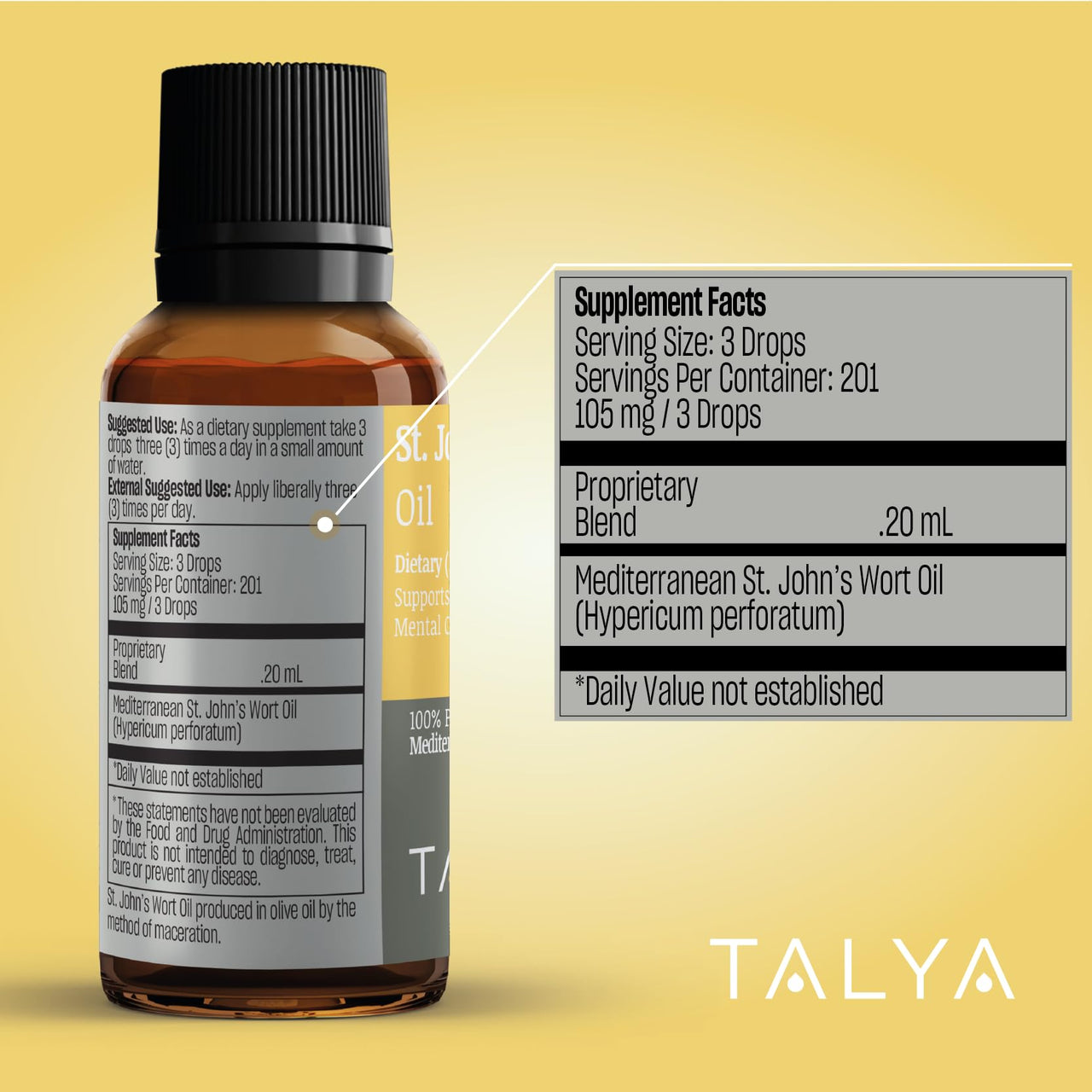 TALYA St. John’s Wort Oil 0.67 fl. oz | 100% Pure & Natural Liquid Drop | Dietary Supplement | for Positive Mood & Emotional Balance | Body, Skin & Hair Care | Non-GMO