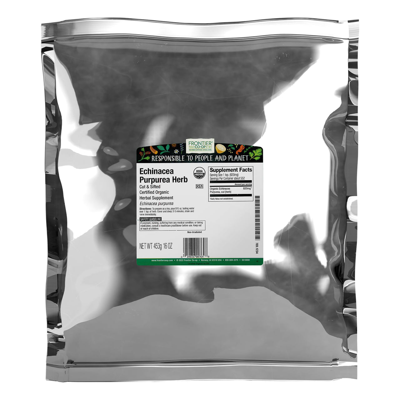 Frontier Co-op Echinacea Purpurea Root, Cut and Sifted, Certified Organic, Kosher | 1 lb. Bulk Bag | Echinacea purpurea (L.) Moench