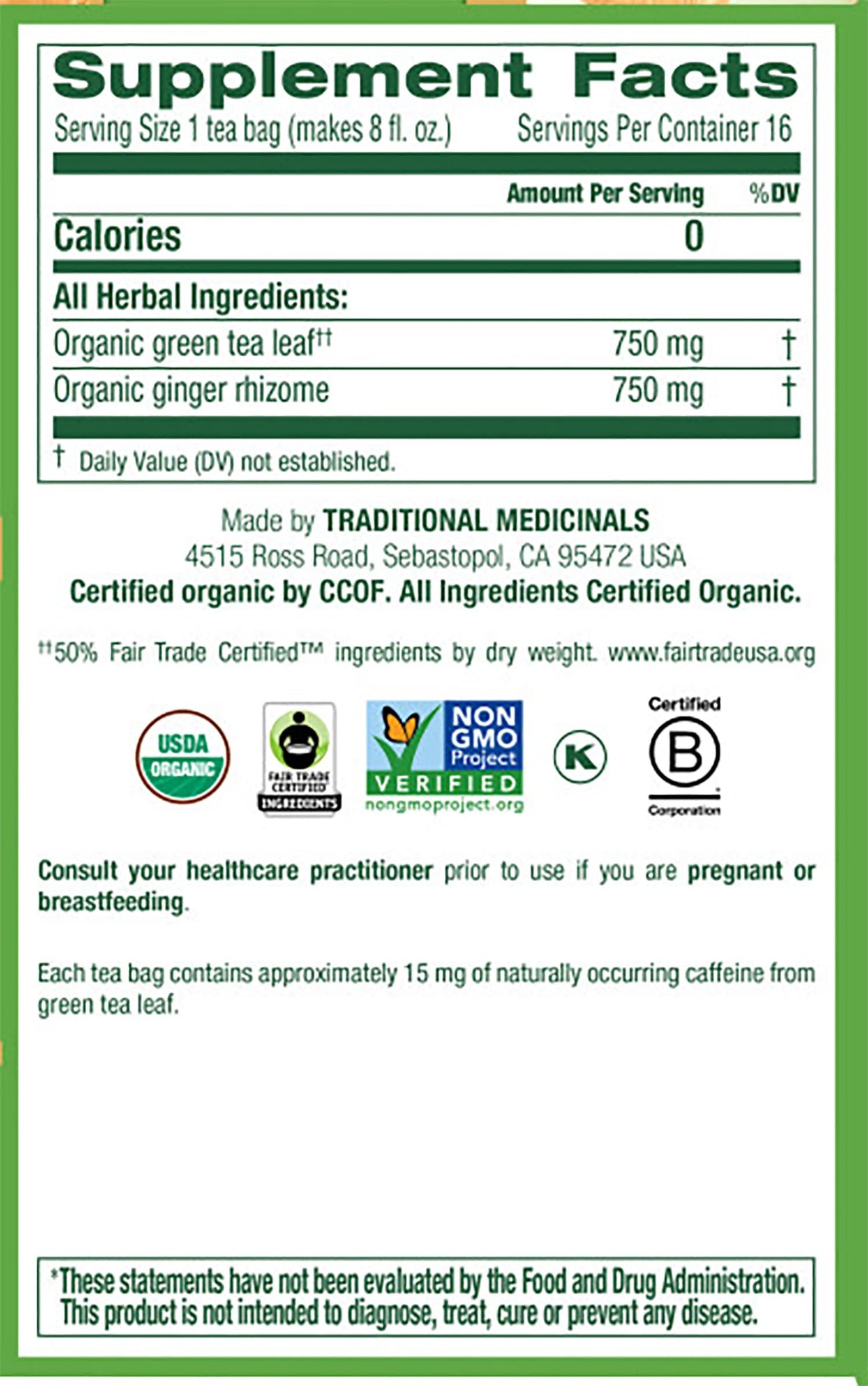 Traditional Medicinals Organic Green Tea Ginger Herbal Tea, Promotes Healthy Digestion, (Pack of 1) - 16 Tea Bags