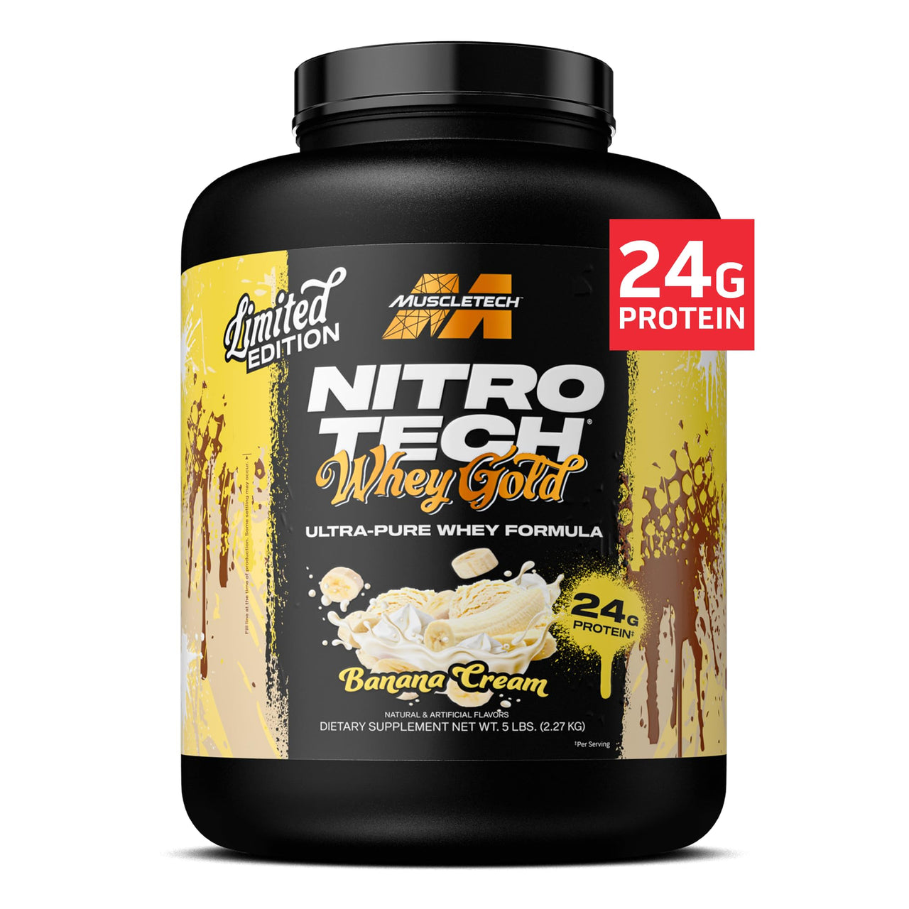 Muscletech Whey Protein Powder (Banana Cream, 5LB) - Nitro-Tech Whey Protein Isolate Smoothie Mix for Lean Muscle & Fast Recovery - 24g of Whey Gold Protein for Women & Men - Gluten-Free