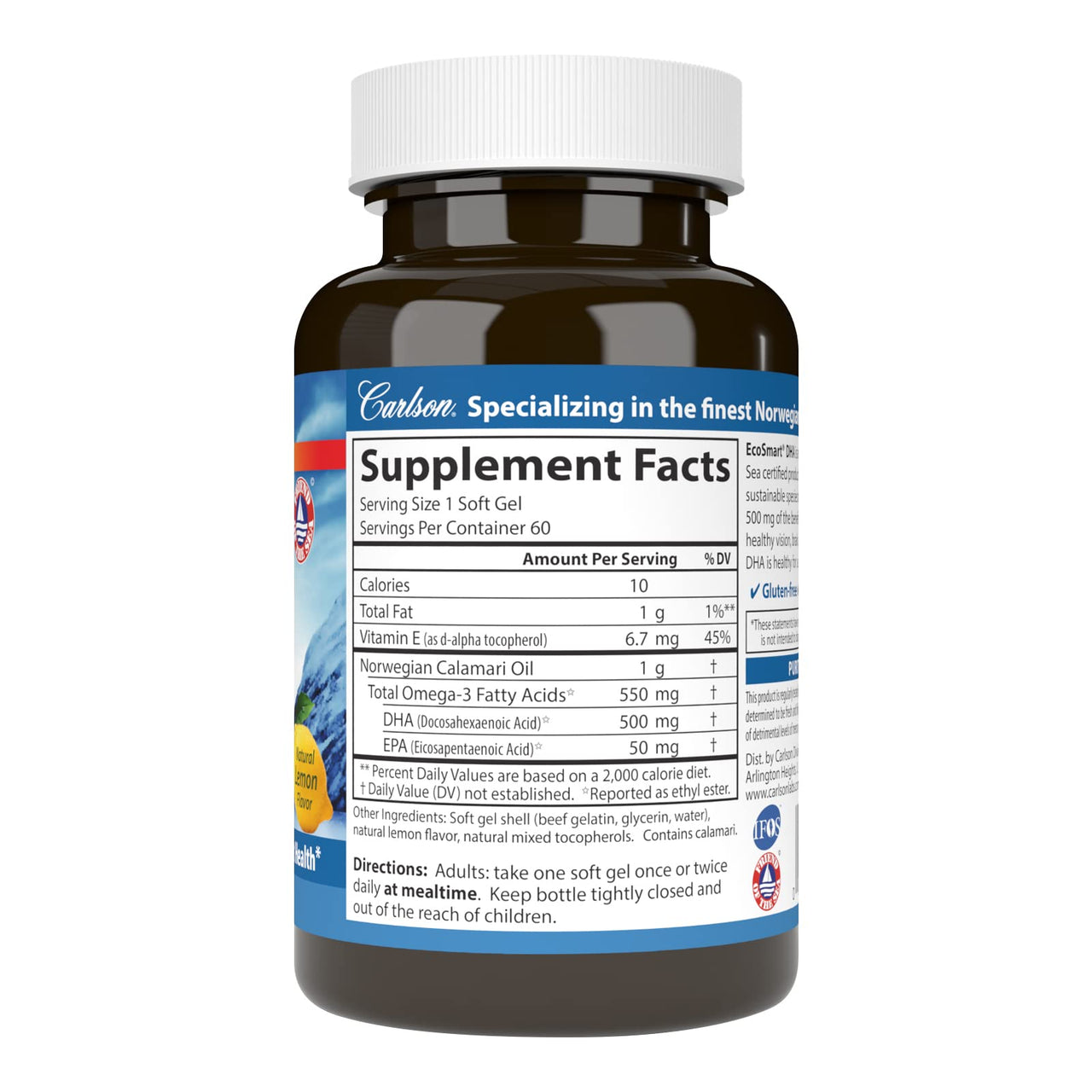 Carlson - EcoSmart DHA 500, Sustainable Source, Supports Healthy Vision & Brain Function, Lemon, 60 soft gels