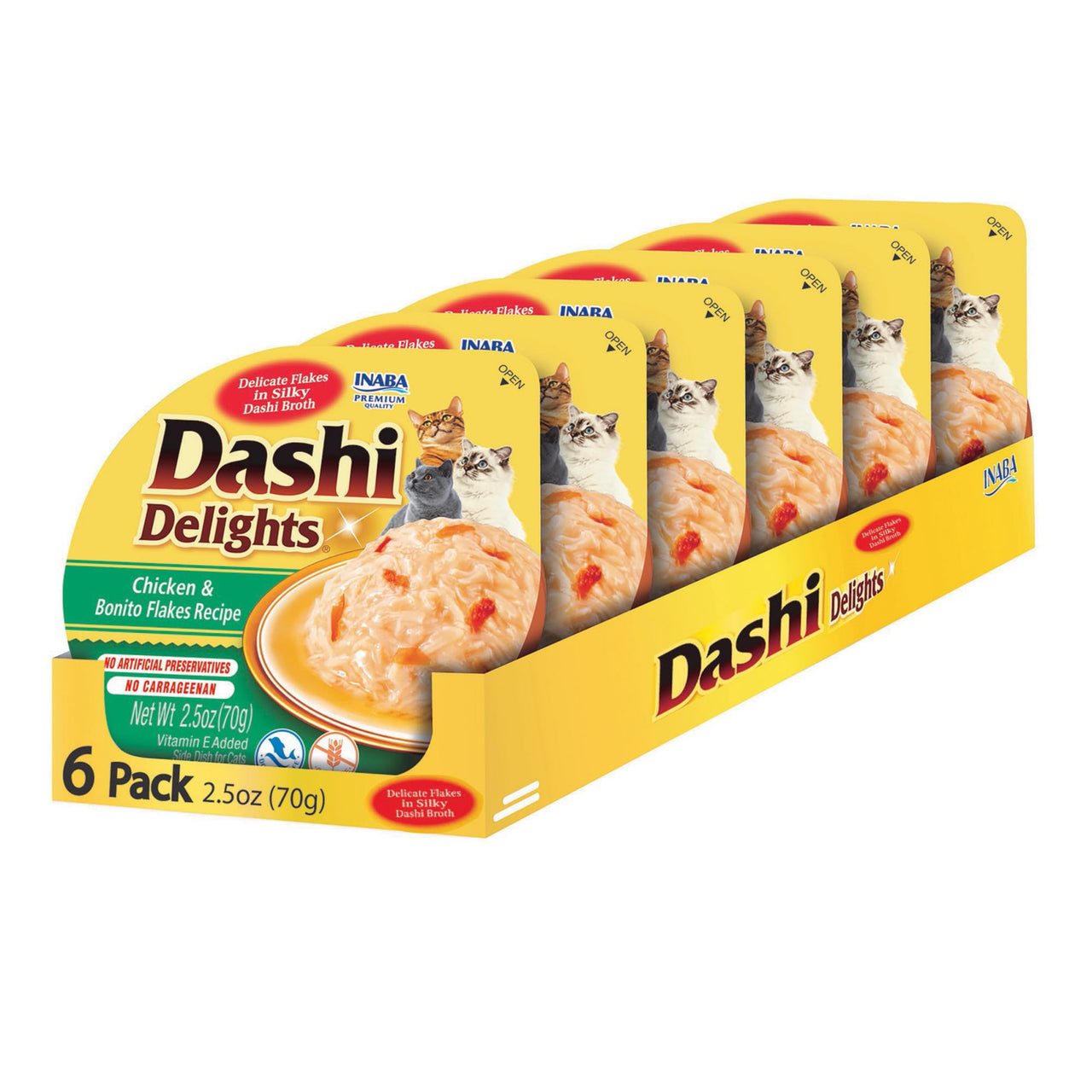 INABA Dashi Delights for Cats, Shredded Chicken Side Dish with Bonito Flake Broth, Cat Food Complement with Taurine & Green Tea Extract, 2.5 Ounce Cup, 6 Cups Total, Chicken & Bonito Flakes Recipe