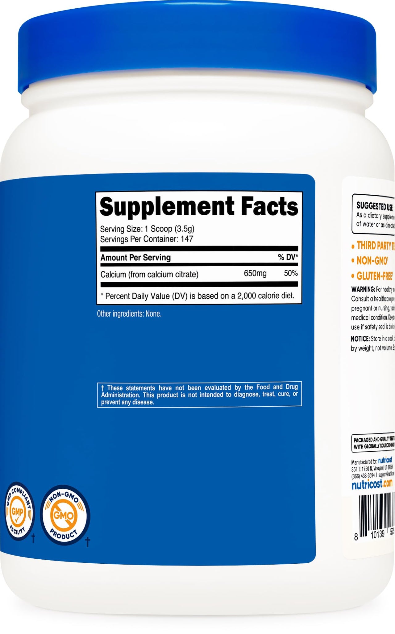 Nutricost Calcium Citrate Powder (500 Grams) (Unflavored) - Pure Calcium Citrate, No Fillers, Gluten Free (1.1lbs)