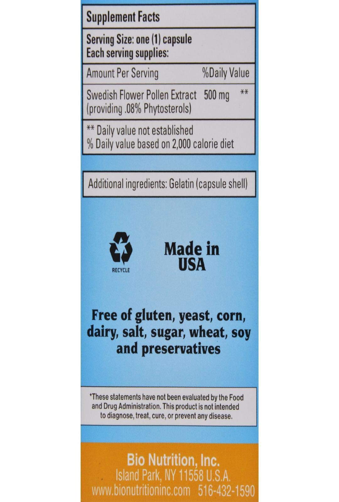 Bio Nutrition Swedish Flower Pollen Extract, 500 Mg, 60 Count