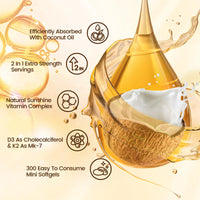 Thumbnail for Vitamin D3 K2 10000 IU with MK7-300 Virgin Coconut Oil Softgels, 2 in 1 Vitamins D & K Complex | Vitamina D3 con K2 | Supports Calcium Absorption, Bone, Immune, & Heart Health – Easy to Swallow