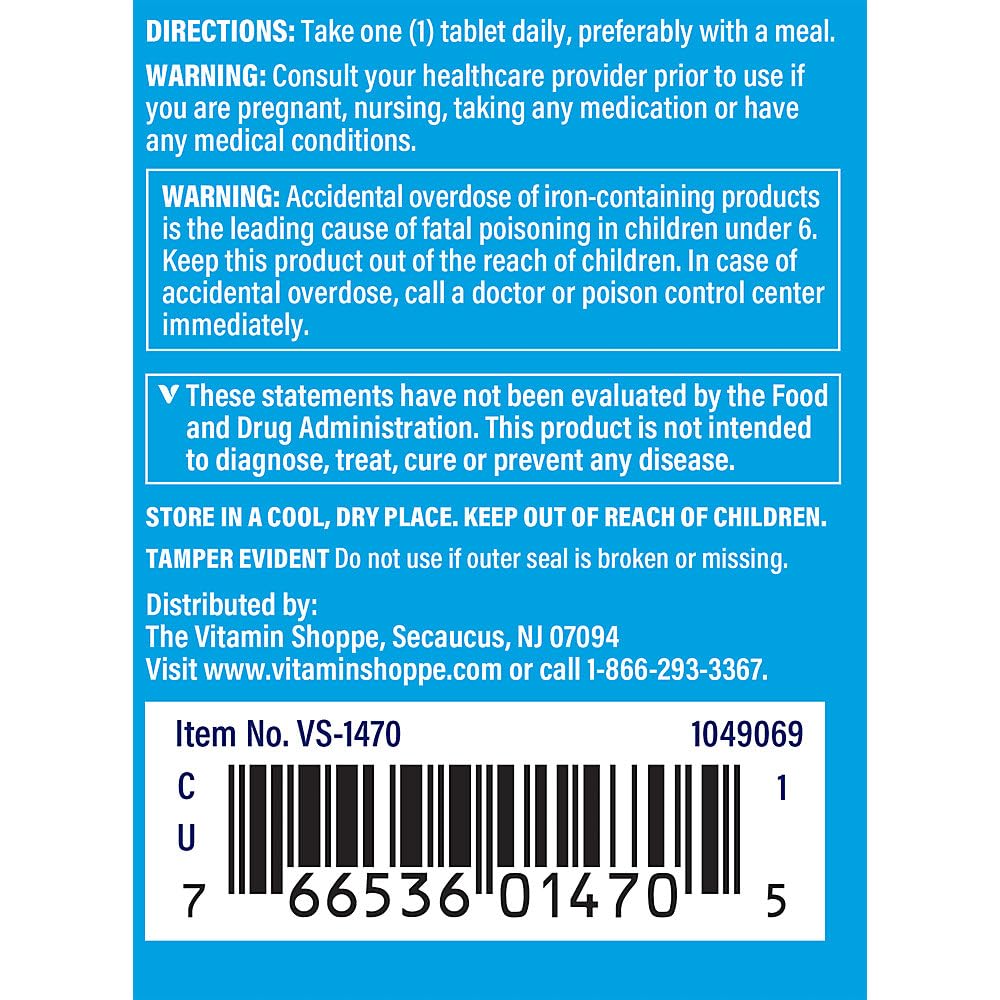 The Vitamin Shoppe Iron Complex - Better Absorption Energy Support | with Vitamin C Folic Acid | 100 Tablets | Gentle