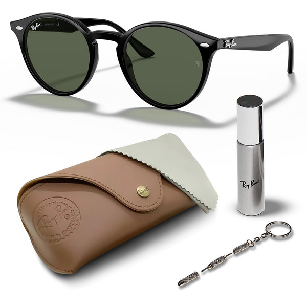 Ray-Ban RB2180 Round Shaped Non-Polarized Sunglasses for Men & Women – Includes Official RAYBAN Eyewear Kit – Ideal Formal & Casual Wear Sunglasses – Dark Green Lens