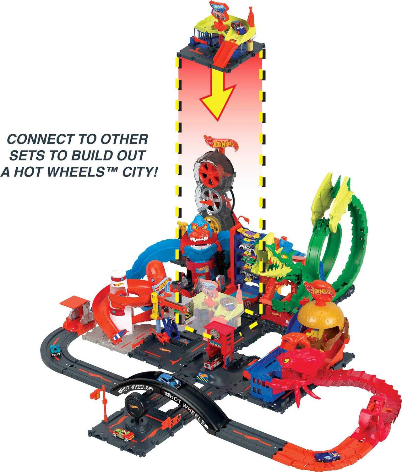 Hot Wheels City Toy Track Set, Downtown Express Car Wash Playset with 1:64 Scale Vehicle, Foam Roller & Drying Flaps