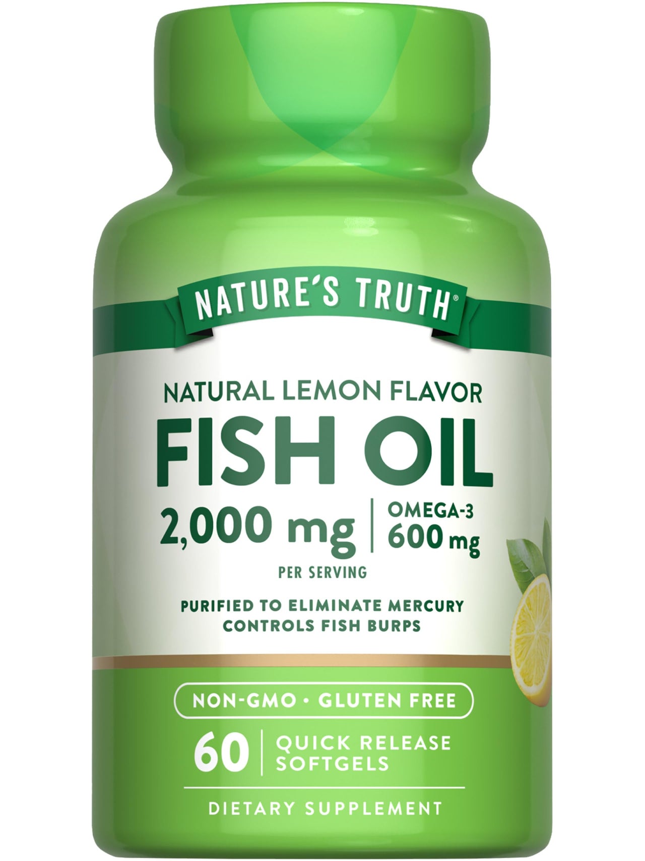 Nature's Truth Fish Oil Omega 3 Supplement | 2000mg | 60 Softgels | EPA & DHA | Lemon Flavor | Non-GMO and Gluten Free