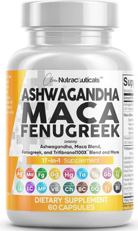 Thumbnail for Clean Nutraceuticals Ashwagandha Maca Root Fenugreek Supplement with Tongkat Ali Ginseng - Assists with Stress, Mood & Thyroid - Ashwagandha Capsules Fenugreek Caps - 1 Pack