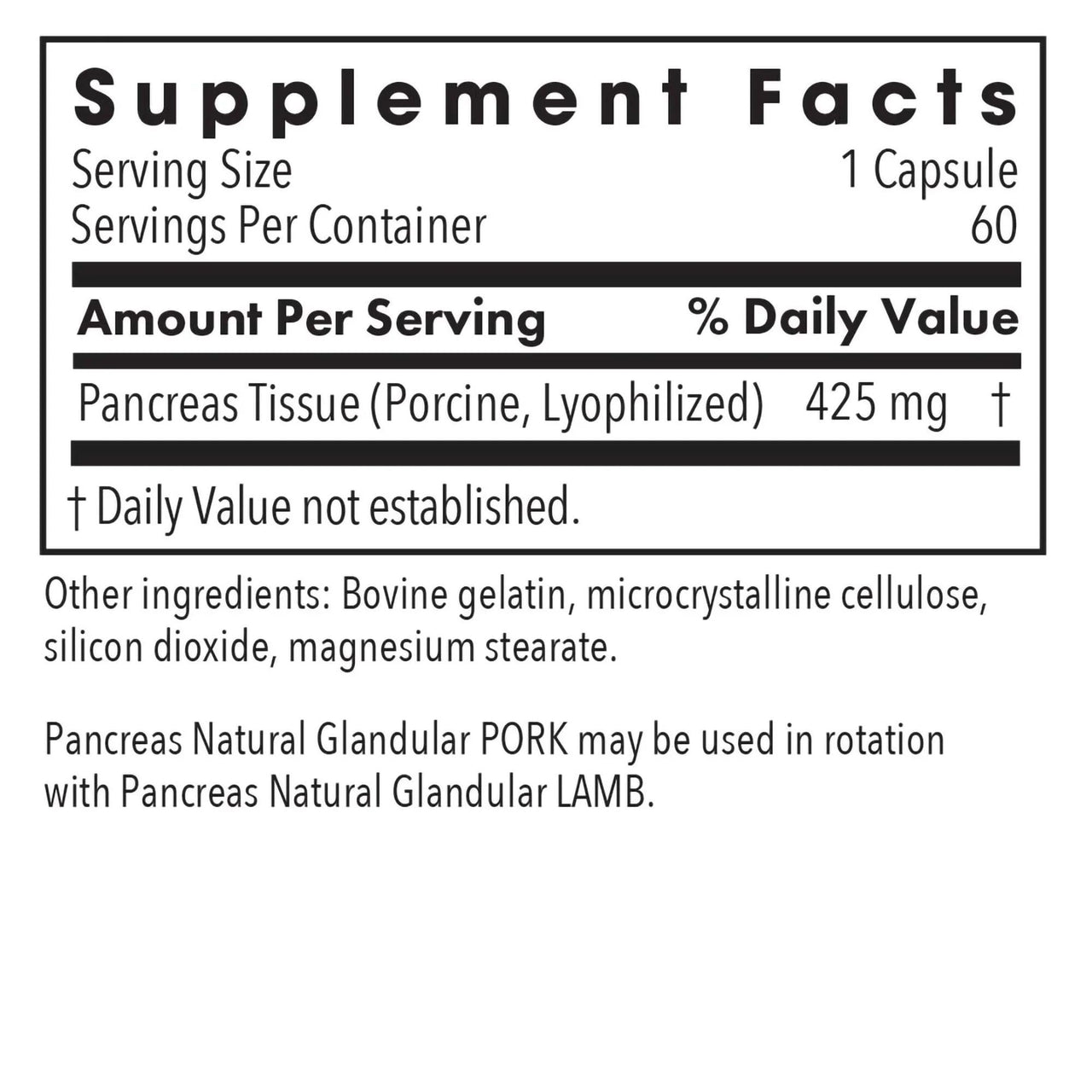 Nutricology Pancreas Pork 425mg Supplement - Pancreas Natural Glandular, Pancreatic Enzymes, Amylase, Protease, Lipase, Hypoallergenic - 60 Count