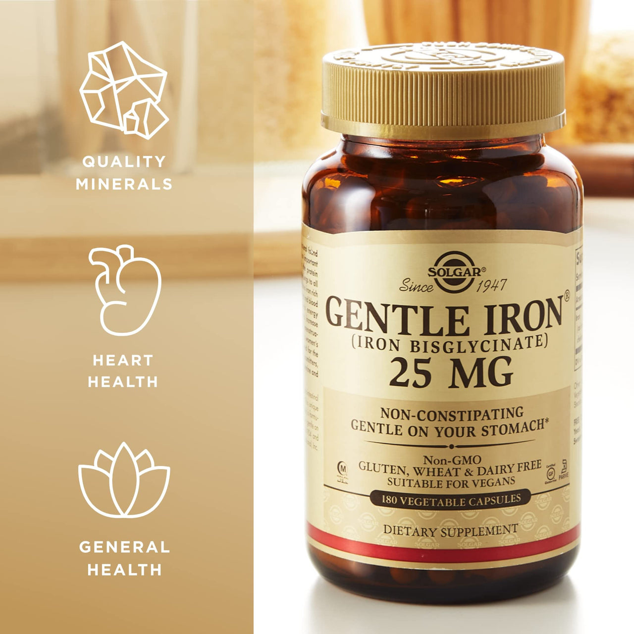 Solgar Gentle Iron (Iron Bisglycinate) 25 mg - 180 Vegetable Capsules - Non-Constipating, Gentle on Your Stomach - Non-GMO, Gluten Free - 180 Servings