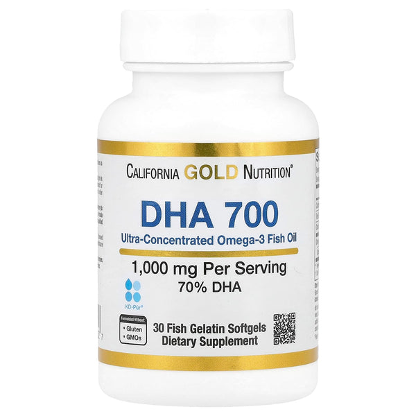 California Gold Nutrition DHA 700 Fish Oil by - Pharmaceutical Grade Fish Oil with DHA - Support for Brain & Cardiovascular Health - Gluten Free, Non-GMO - 1000 mg - 30 Fish Gelatin Softgels