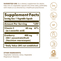 Thumbnail for Solgar Cranberry with Vitamin C - 60 Vegetable Capsules - Supports Urinary & Bladder Health - Non-GMO, Vegan, Kosher, Gluten Free - 60 Servings