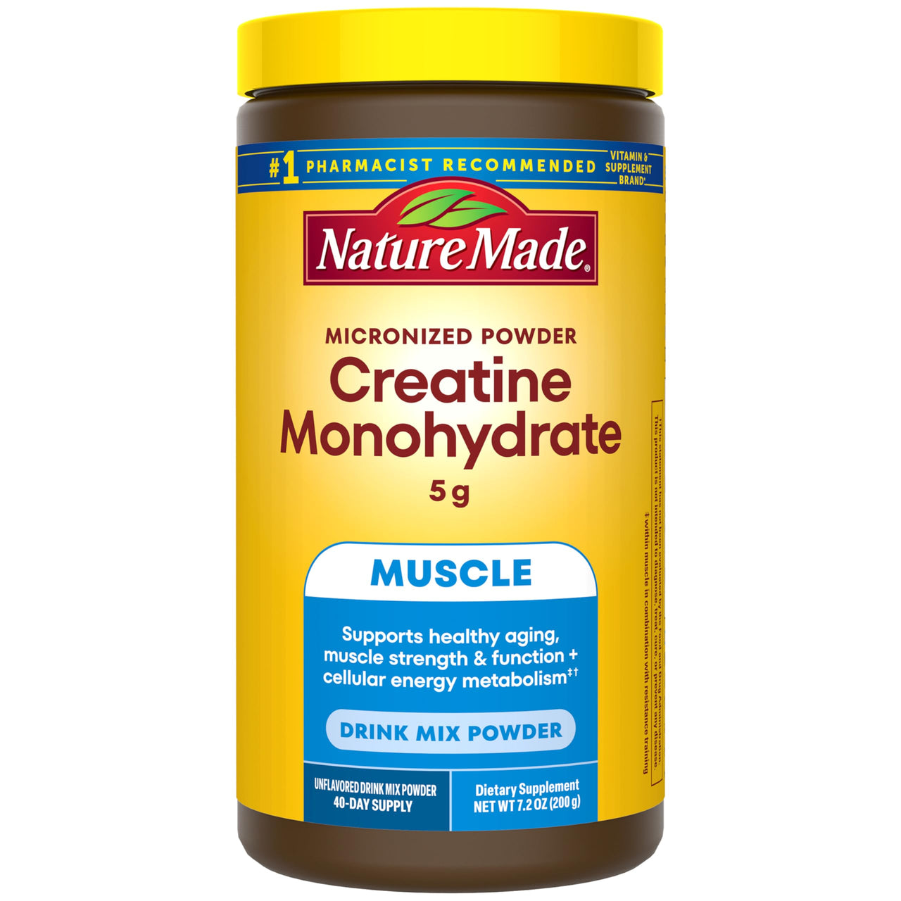 Nature Made Micronized Creatine Monohydrate Powder 5 g per Serving, Unflavored Drink Mix Powder, Muscle Support, 200 g, 40 Day Supply