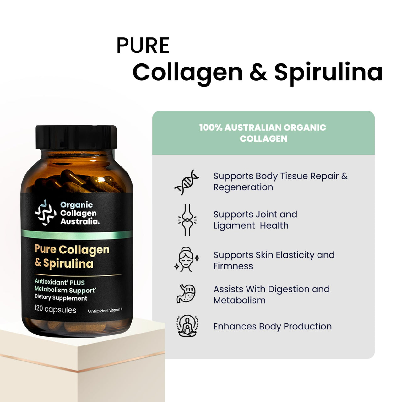 Organic Collagen Australia Pure Collagen & Spirulina Capsules – Antioxidant-Rich Supplement for Skin Elasticity, Joint Health, Metabolism Support & Energy (120 Capsules)