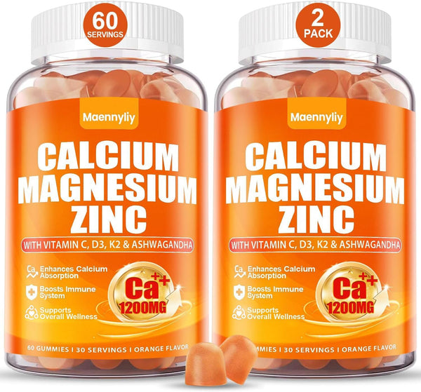 Calcium 1200 mg with Vitamin D3 Gummies for Adults - Calcium Citrate with Vitamin D3 K2, Magnesium, Zinc, Boron, Copper and Ashwagandha - Extra Absorption Calcium Supplement for Women Men