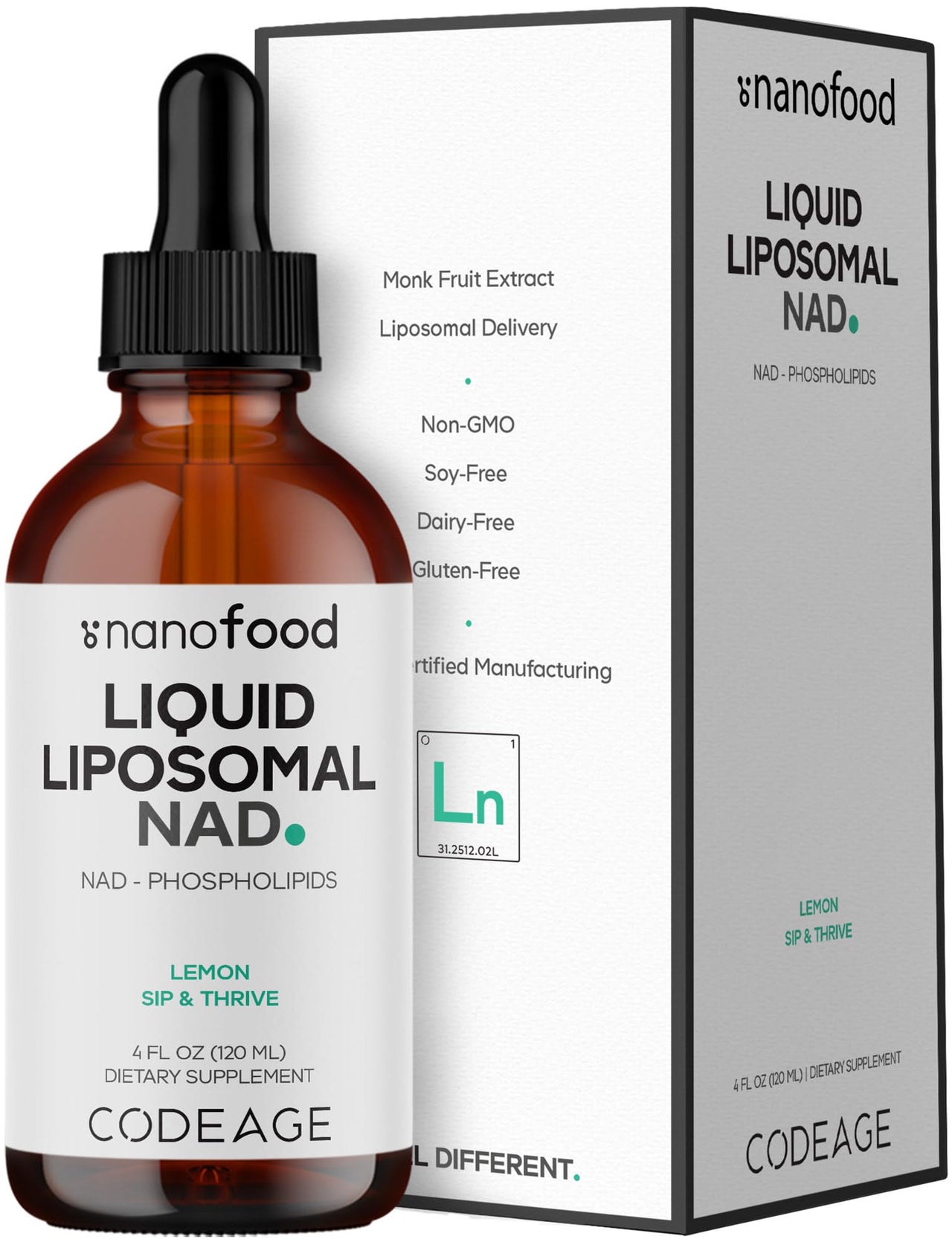Codeage Nanofood Liquid Liposomal NAD Supplement – NAD Nicotinamide Adenine Dinucleotide with Liposomal Delivery - Monk Fruit Sweetener, Lemon Flavor, Non-GMO – 4 fl oz