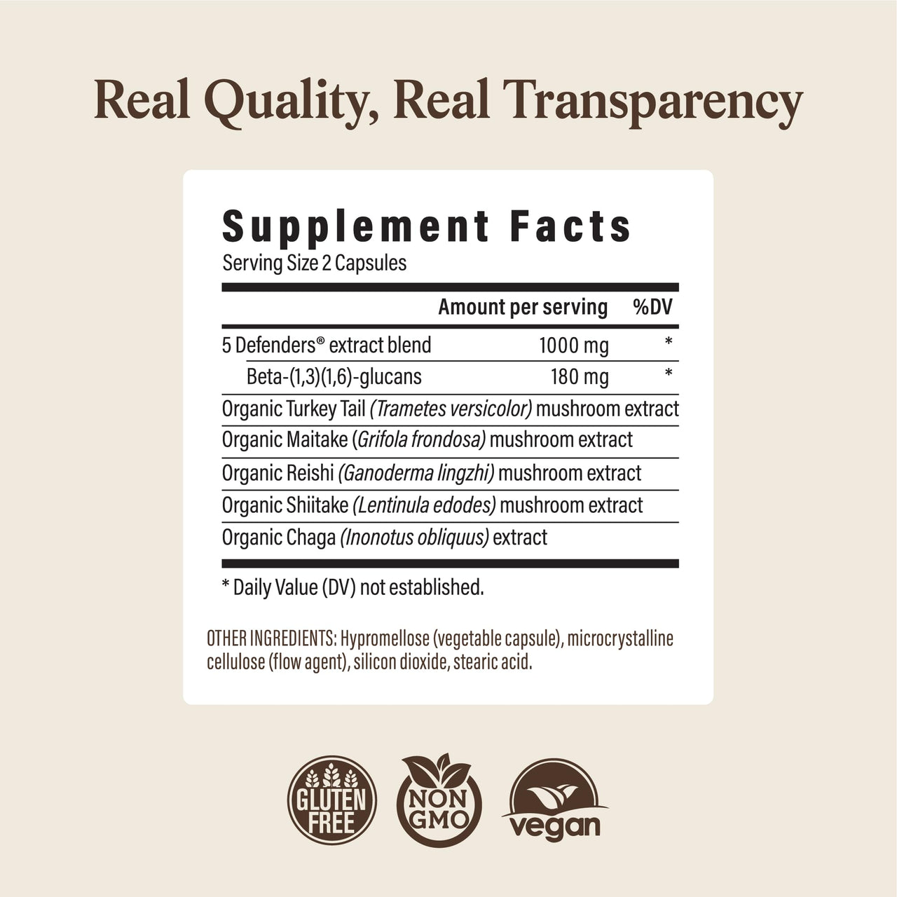 Real Mushrooms 5 Defenders Mushroom Complex – Organic Adaptogenic Mushroom Blend with Chaga, Reishi, Turkey Tail, Maitake & Shiitake for Wellness Support - Mushroom Beta Glucan Capsules - 200 Count