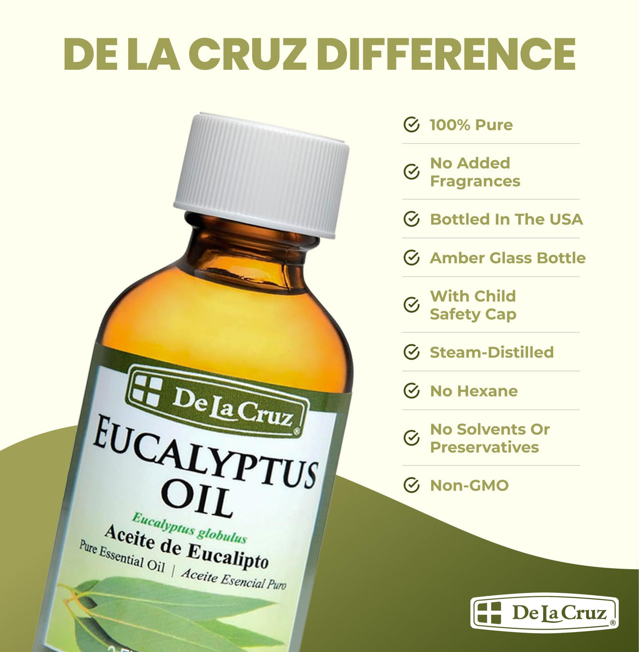De La Cruz Eucalyptus Essential Oil, 100% Pure Steam Distilled Eucalyptus Globulus, Eucalyptus Oil, Eucalyptus Essential Oil for Diffuser, 2 FL OZ, Aromatherapy, Tree Oil (1 Bottle)