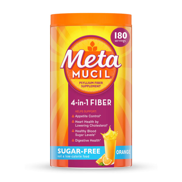Metamucil 4-in-1 Psyllium Husk Fiber Supplement, Sugar-Free, 180 teaspoons, Orange Flavored, Daily Fiber Powder for Digestive Health, made with Plant-Based Psyllium Husk Fiber