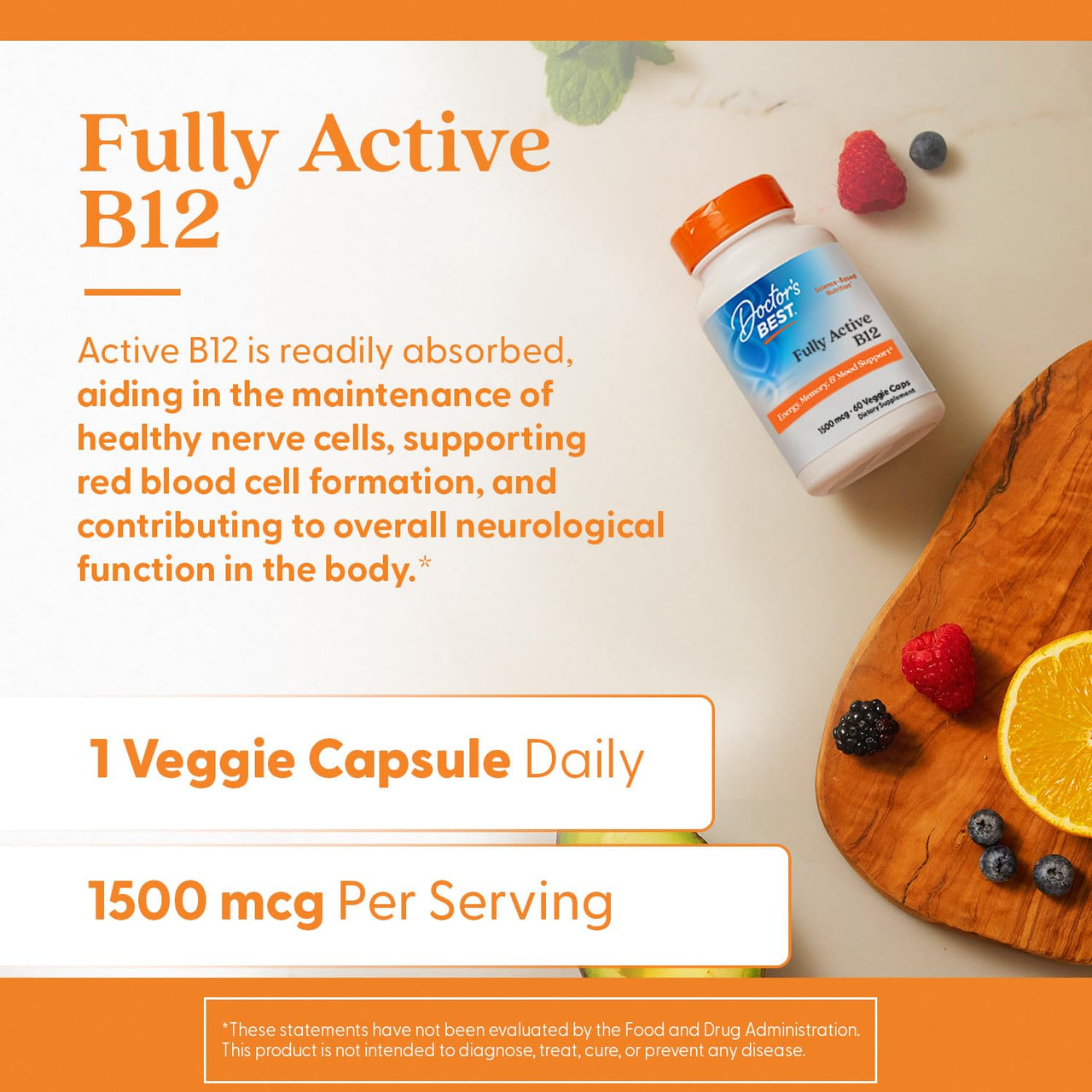 Doctor's Best Fully Active B12 1500 mcg, Non-GMO, Vegan, Gluten Free, Supports Healthy Memory, Mood and Circulation, 60 Count
