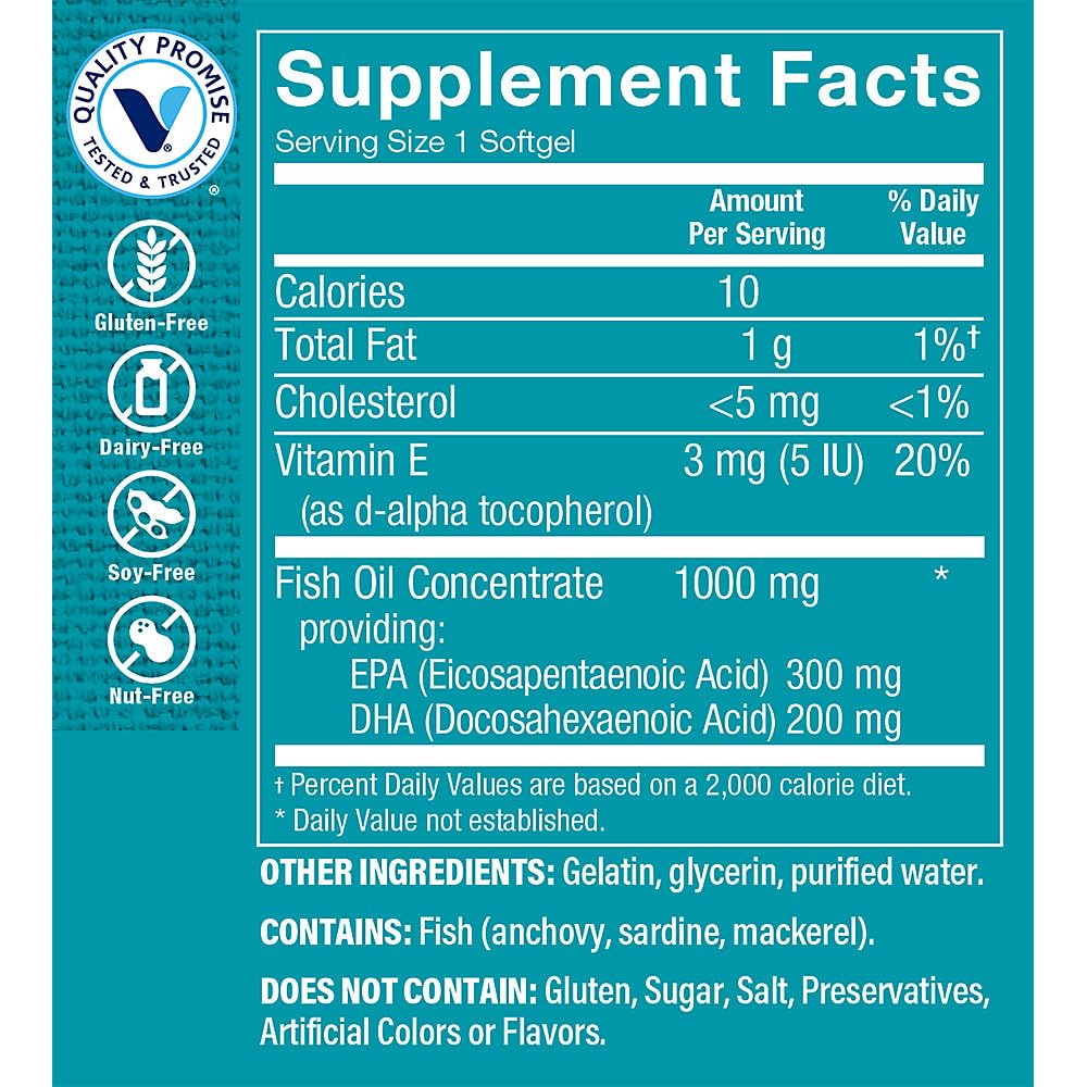 The Vitamin Shoppe Brand Omega 3 Fish Oil 1000 mg Softgels, 300 mg EPA & 200 mg DHA, Unflavored Fish Oil Supplement for Men & Women, Gluten Free, Soy & Dairy Free, 240 Softgels
