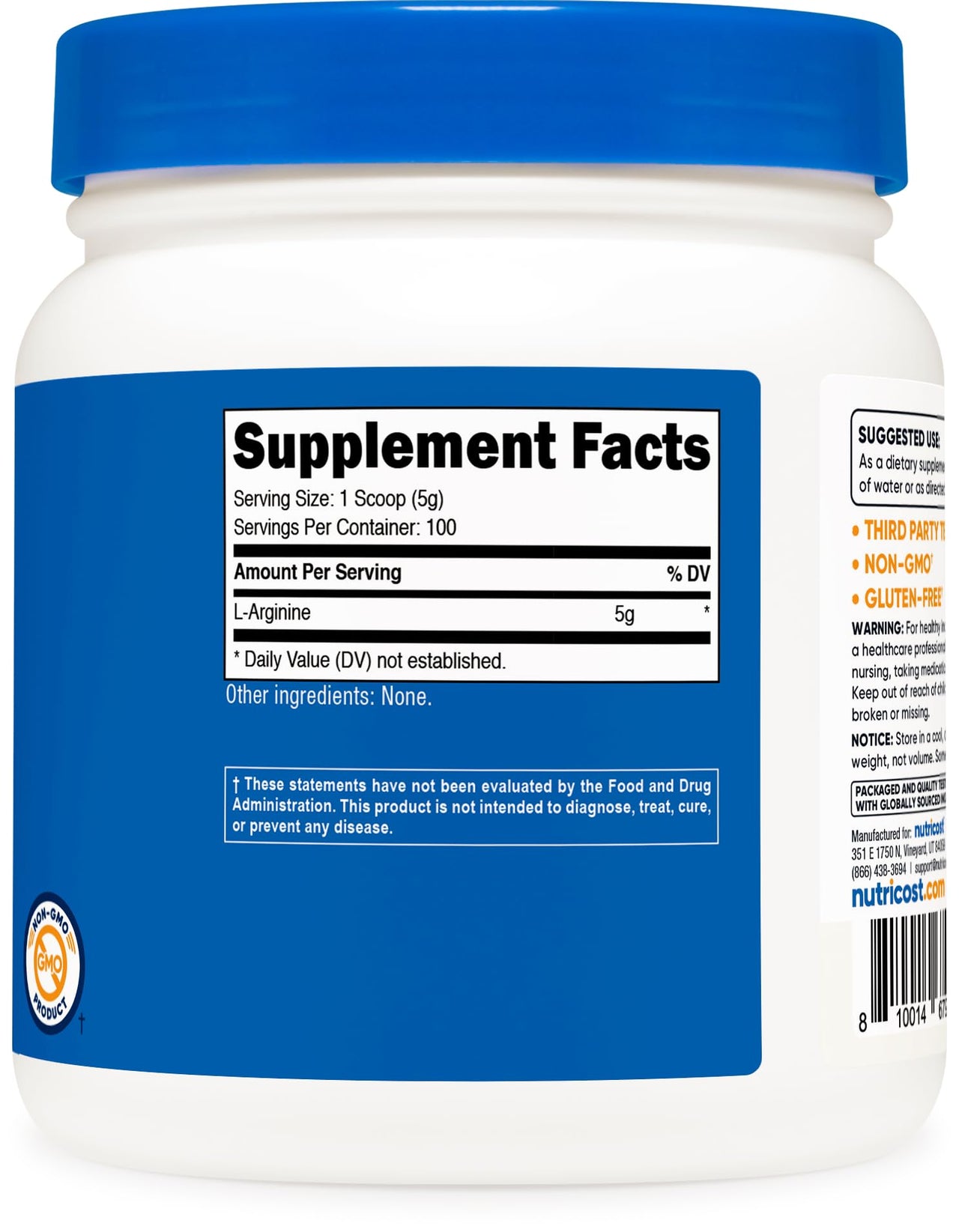 Nutricost L-Arginine Powder 500 Grams (1.1lbs) - Pure L-Arginine Powder - 5000mg Per Serving; 100 Servings